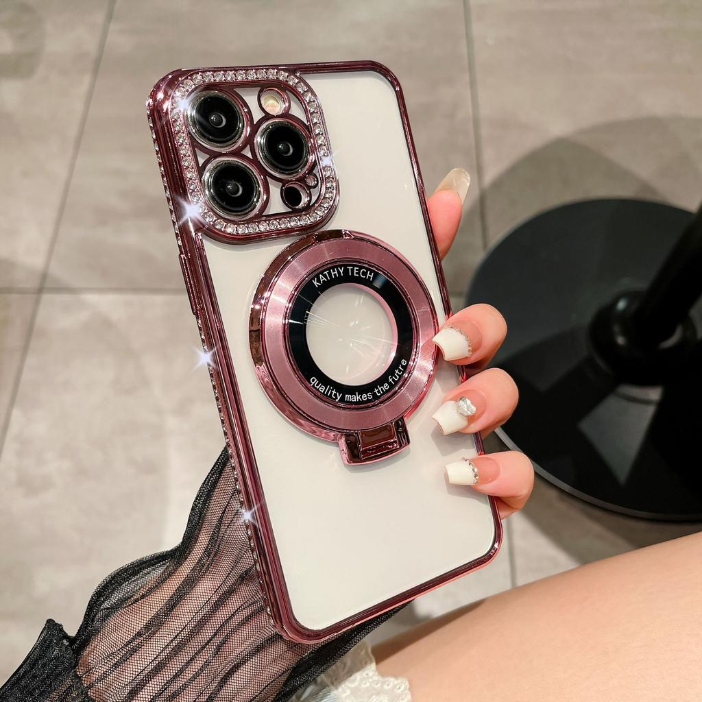 Applicable to iPhone15 rhinestone magnetic leakage label holder, mobile phone case 13 Apple 14 electroplating transparent TPU12 soft case