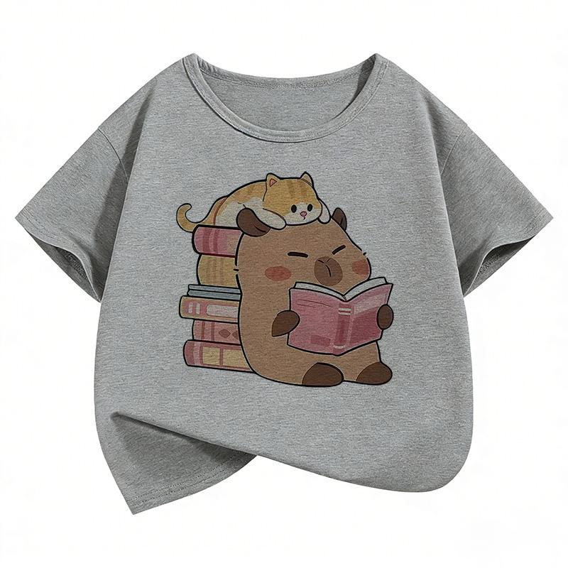 Summer Spring Cute Cat with Capybara Reading Book T Shirts Short Sleeve Kids Children's T-shirt Boys Girls Casual Top Tee Shirt