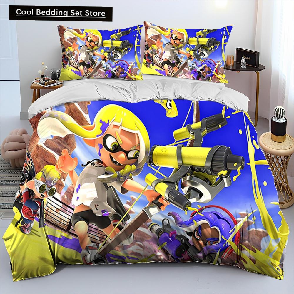 

S-Splatoon Game Gamer Cartoon Comforter Постельное белье, пододеяльник, наволочка, комплект постельного белья размера King Queen Size для детей 140x200cm 3pcs