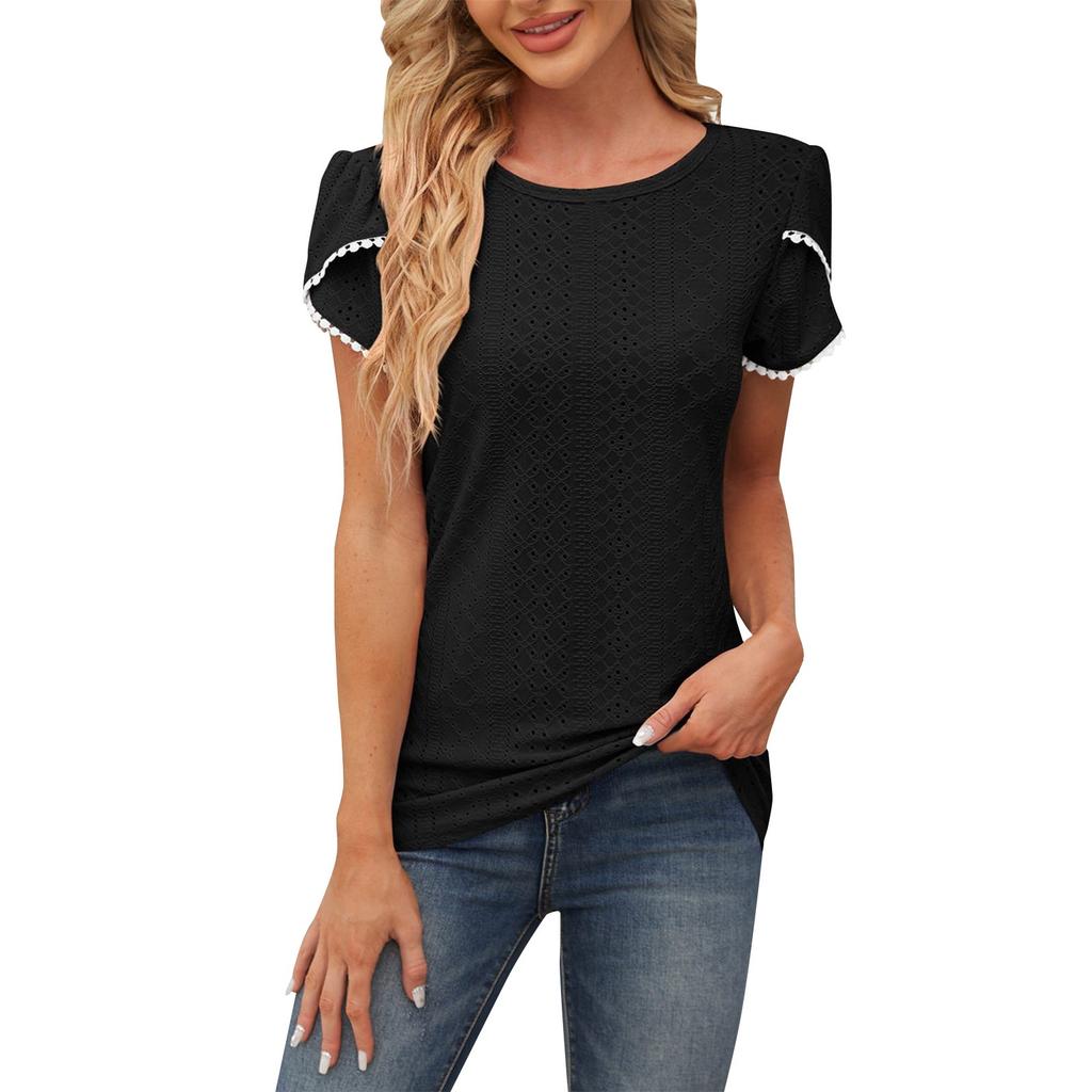 T-Shirt für Damen Kurzarm Tops Gestrickt Patchwork Spitze Einfarbig Frühlingsbluse