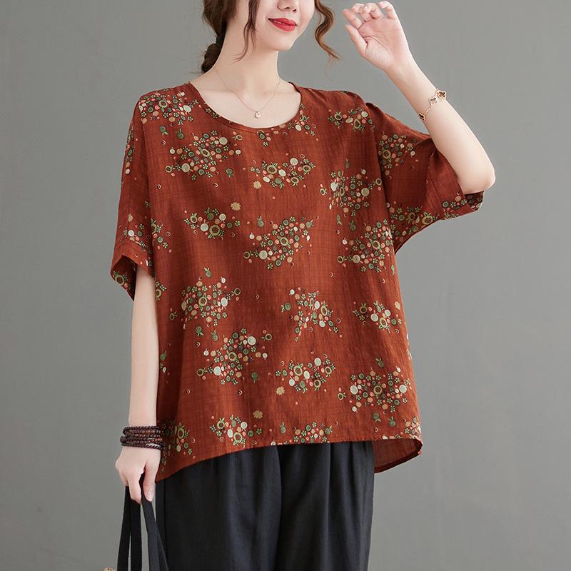 Plus Size Floral Round Neck Summer Tee One Size