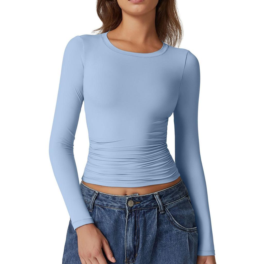 Women's Fashion Solid Color Round Neck T-Shirt Long Sleeve Pullover Bottom Shirt Top