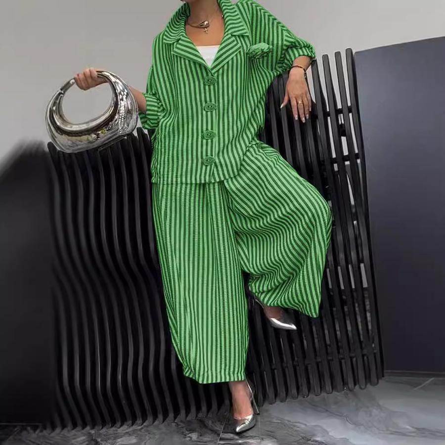 New Autumn Commute Style Floral Striped Loose Blazer Casual Suit Set