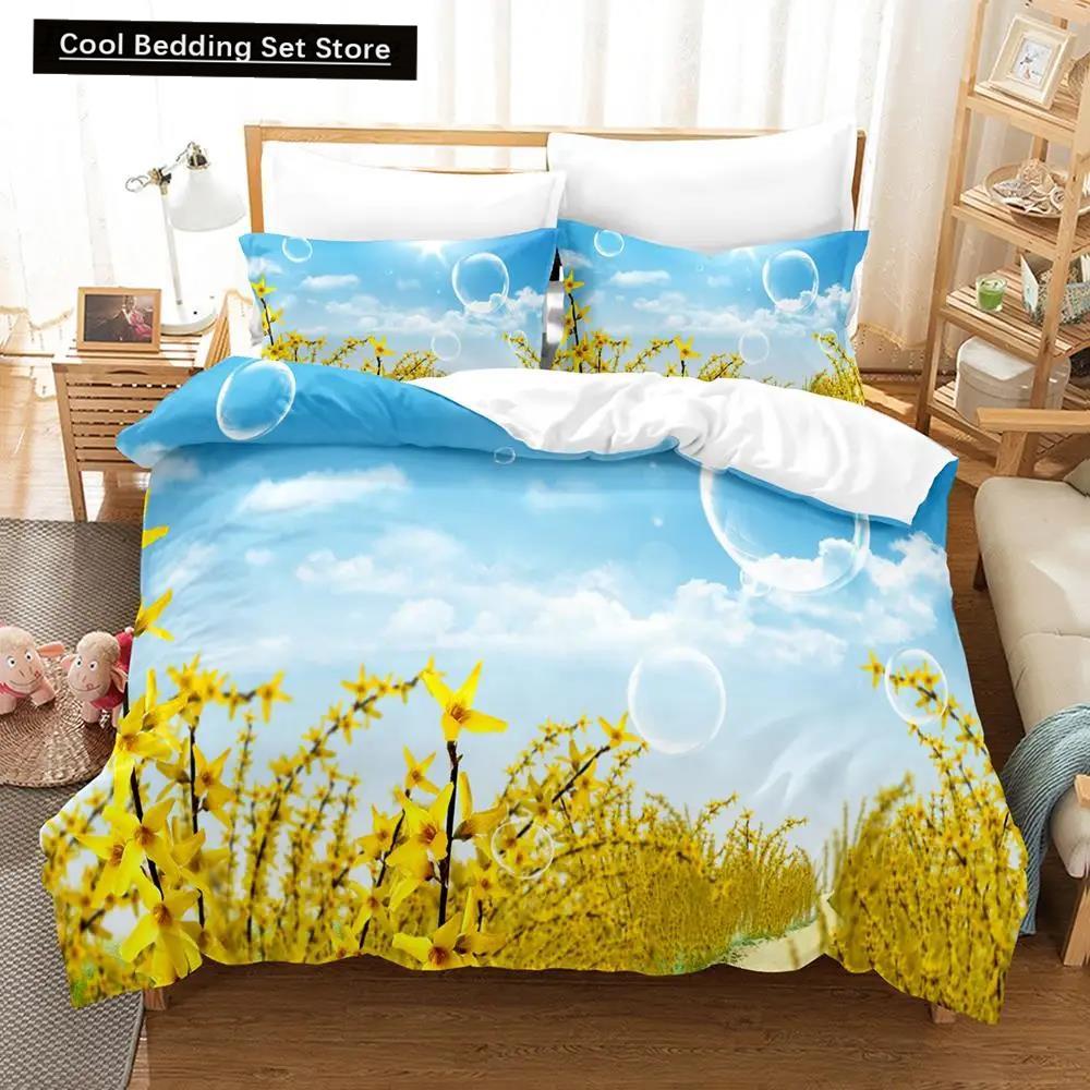Comforter Natural Landscape Blue Sky Lawn Flower Double Queen King Size 2/3Pcs Polyester For Kids Teens Adults