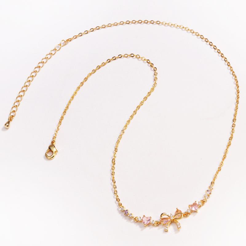 Shiny Pink Bow Heart Zircon Jewelry Set Necklace Bracelet for Women Trendy Y2K Style Accessory Gift for Teens