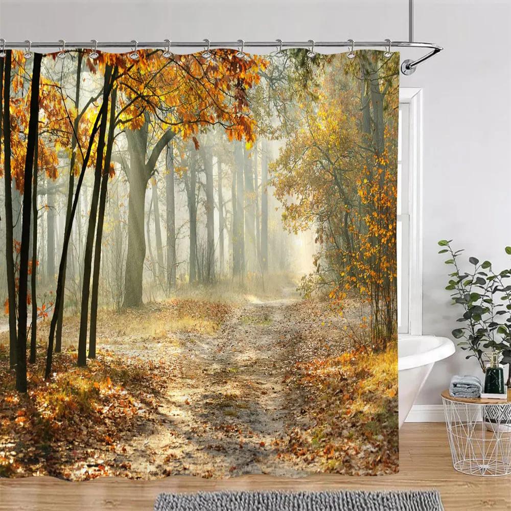 Beautiful Autumn Landscape Shower Curtain Forest Lake Fire Red Golden Leaves Nature Landscape Fabric Bath Curtain Bathroom Decor
