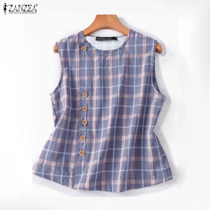ZANZEA Women Casual Round Neck Summer Sleeveless Plaid Tank Tops