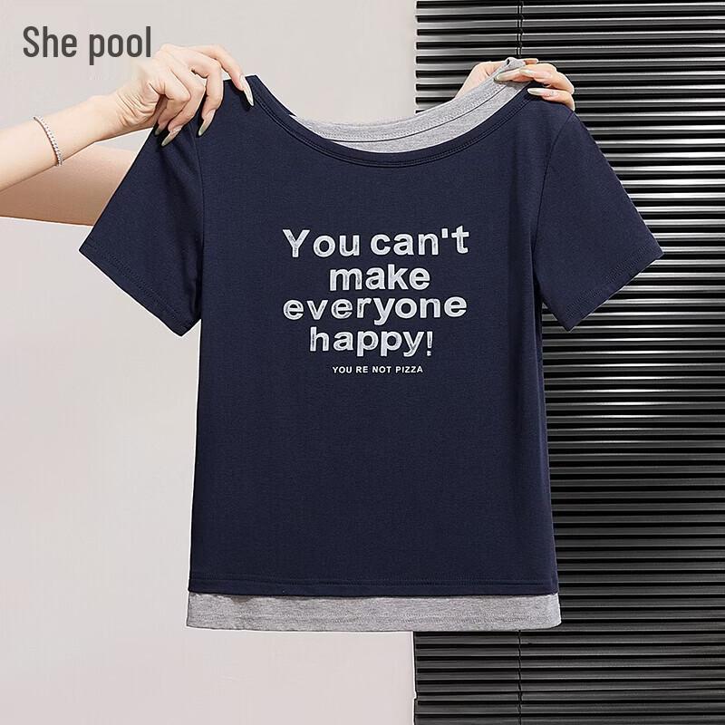 

Women s Color-Block Letter Print Faux Two-Piece Short Sleeve T-Shirt One Size