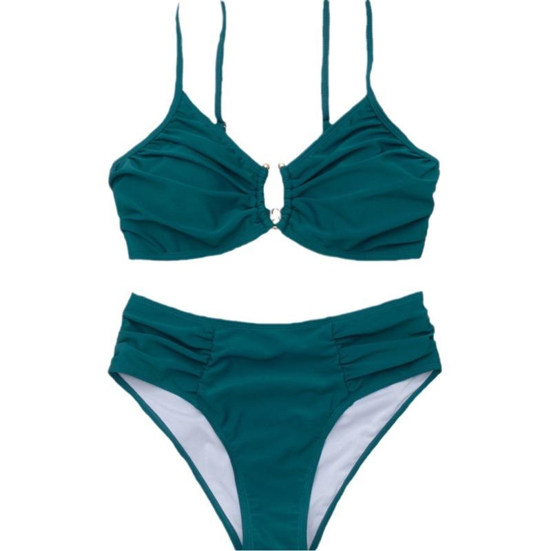 New Solid Color Sexy Wrinkled Splicing Hollow Split Swimsuit Suit Women