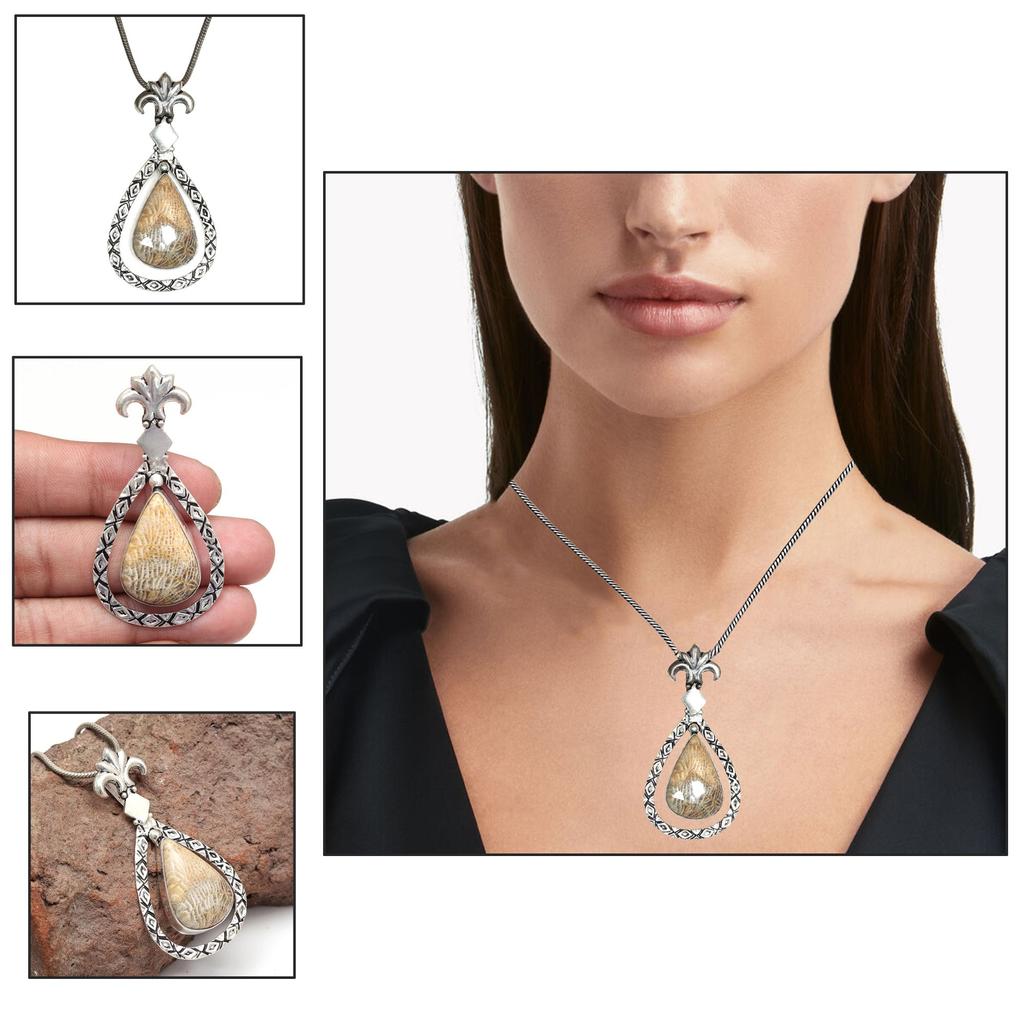 Necklace Fossil Gemstone Coral Gifted Jewelry 18" Handmade Natural