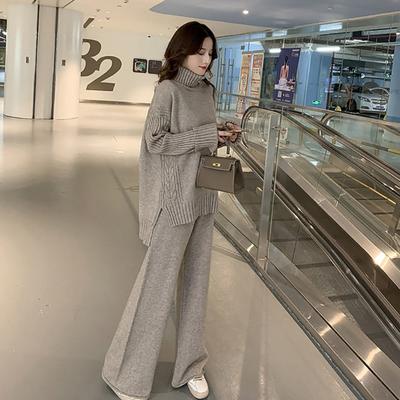 Costume à col haut pour femmes, ample, paresseux et épais, pull chaud, costume deux pièces tricoté, pantalon à jambes larges, automne et hiver