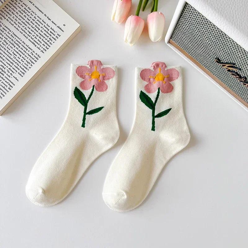 Women Socks Korean Japanese Style Cartoon Green Flower Harajuku Cute Kawaii Mid Tube Socks Breathable Casual Short  Cotton Socks