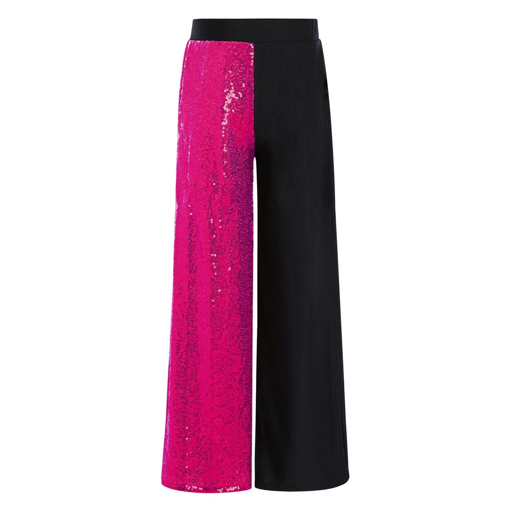 Girls Sequins Patchwork Pants Elastic Waist Color Block Dance Trousers Hip Hop Jazz Outfit