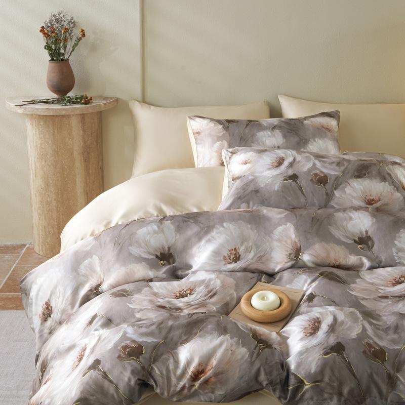 Cold Silk Cool Bedding Set Four-piece Set Oil Painting Style Skin-friendly Breathable Comfortable Bed Sheet Quilt Cover Pillowcase