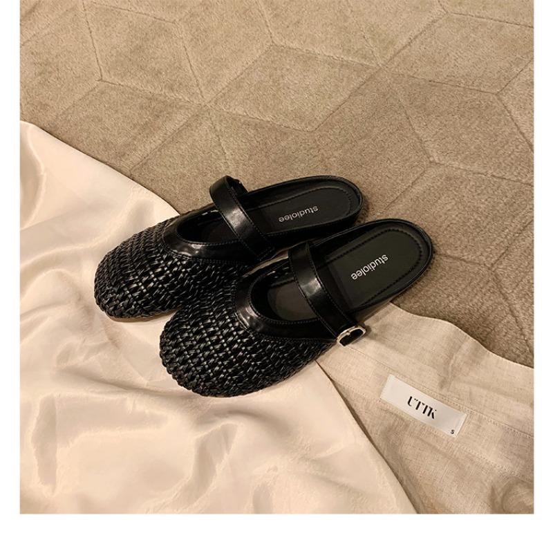 Sheepskin Hollow Woven Mesh Bag Head Half Drag Lazy Slippers Women's Summer Wear Mary Jane Cool Slippers