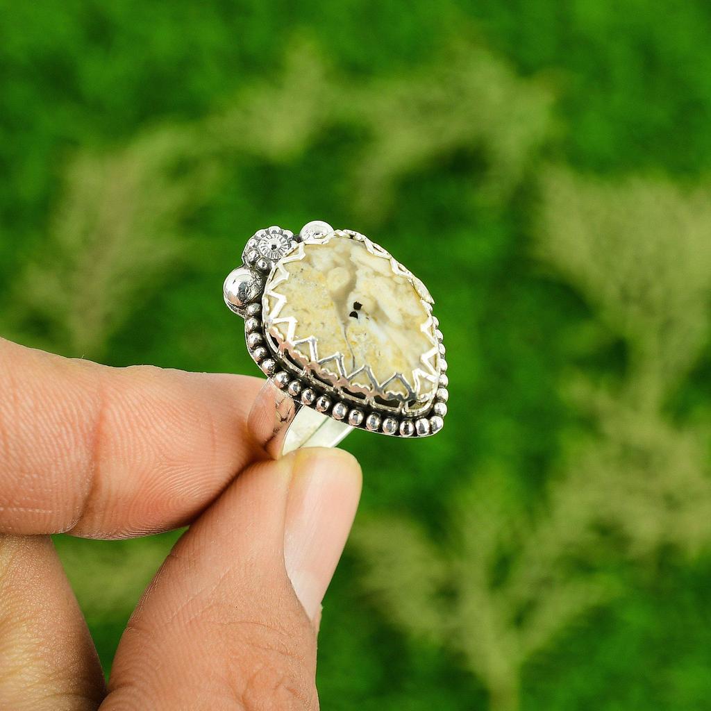 Natural Plume Agate Gemstone 925 Silver Promise Adjustable Ring For Girls