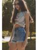High-Waisted French Style Rolled Hem Denim Shorts
