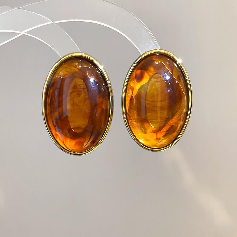 Retro Silver Needle Marbled Acrylic Oval Geometric Stud Earrings - Vintage Niche High-End Fashion Accessories for Women
