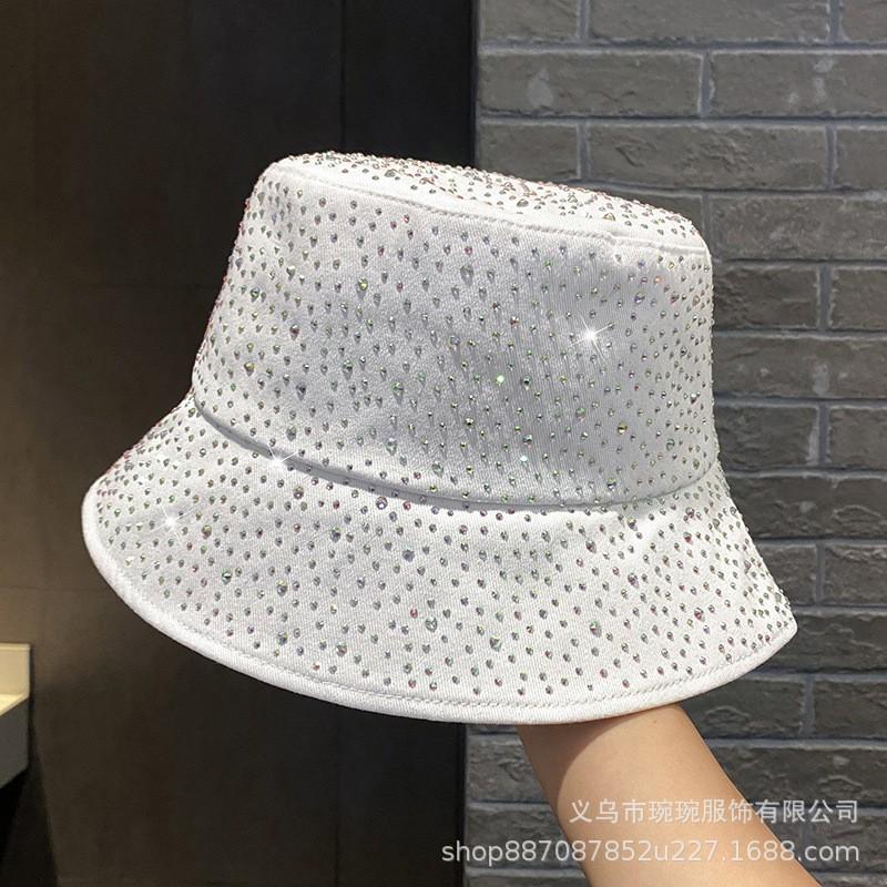 Womens Foldable Sun Hat With Rhinestone Embellishment Cotton Wide Brim Bucket Outdoor Travel