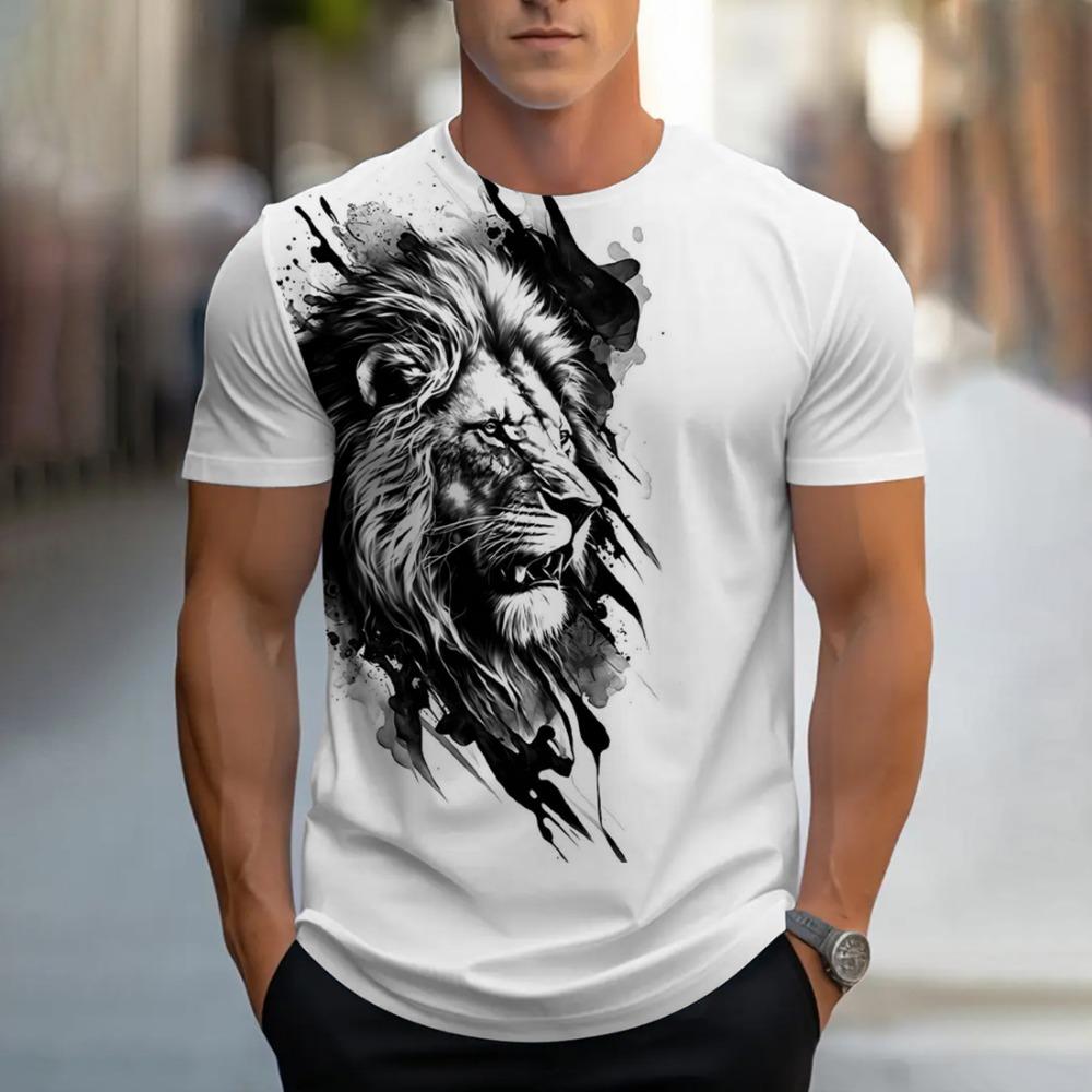 Men's Summer Fashion Lion T-shirt Men's Casual Breathable Short Sleeve Round Neck Printed Street Personalized Top