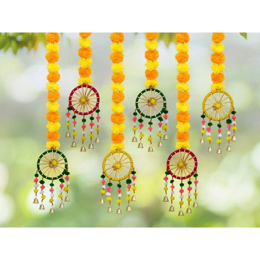 Handmade Marigold Fluffy Flowers with Ring Bell Hanging Latkan Toran For Home, Festival, Wedding, Temple Pooja Room Decoration (Pack of 6)