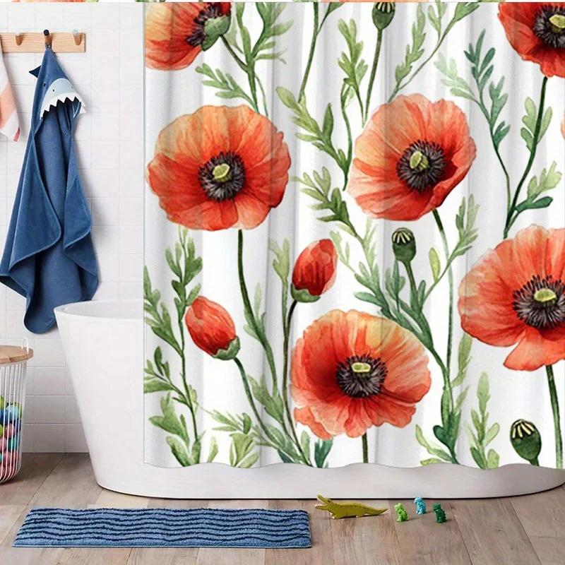 Aquarell-Mohnblumen Duschvorhang - Rote Blüten mit grünem Laub, Weiches Polyester, Ätherisches Blumendesign, Einfache Installation