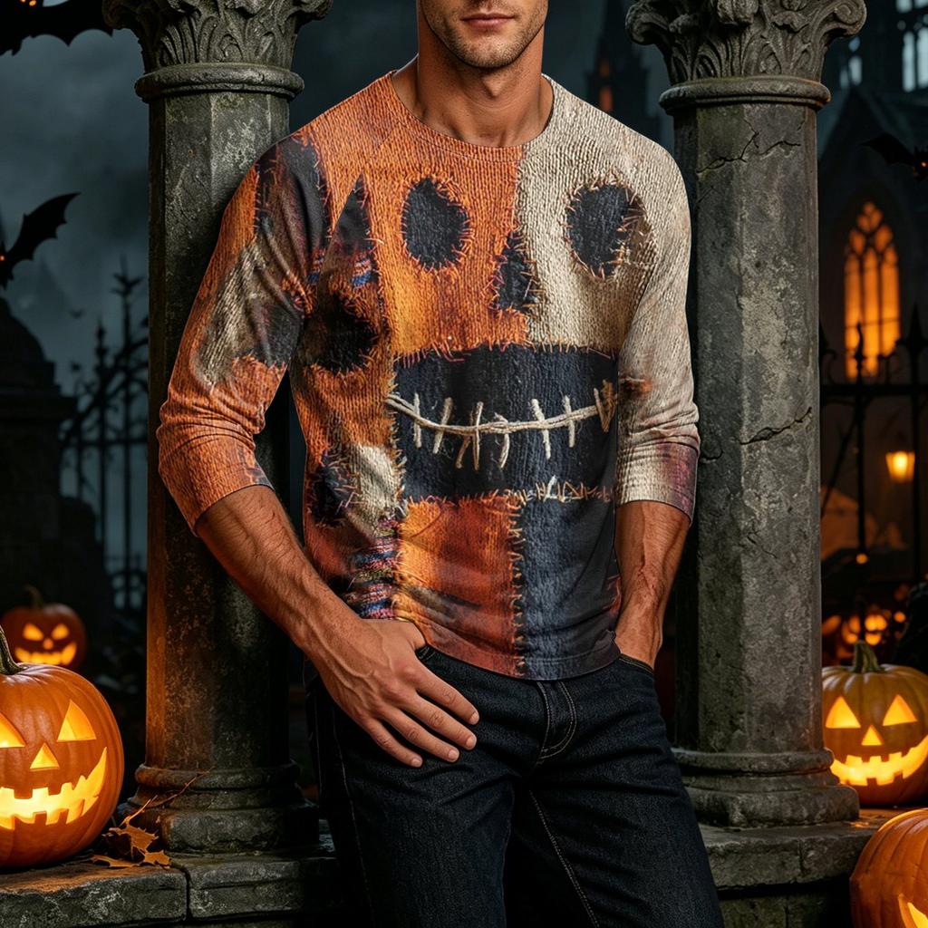 Men's Henley Neck Halloween Print Raglan Sleeve Three Quarter Length Shirt Casual Lightweight Pullover Top for Fall and Everyday Wear