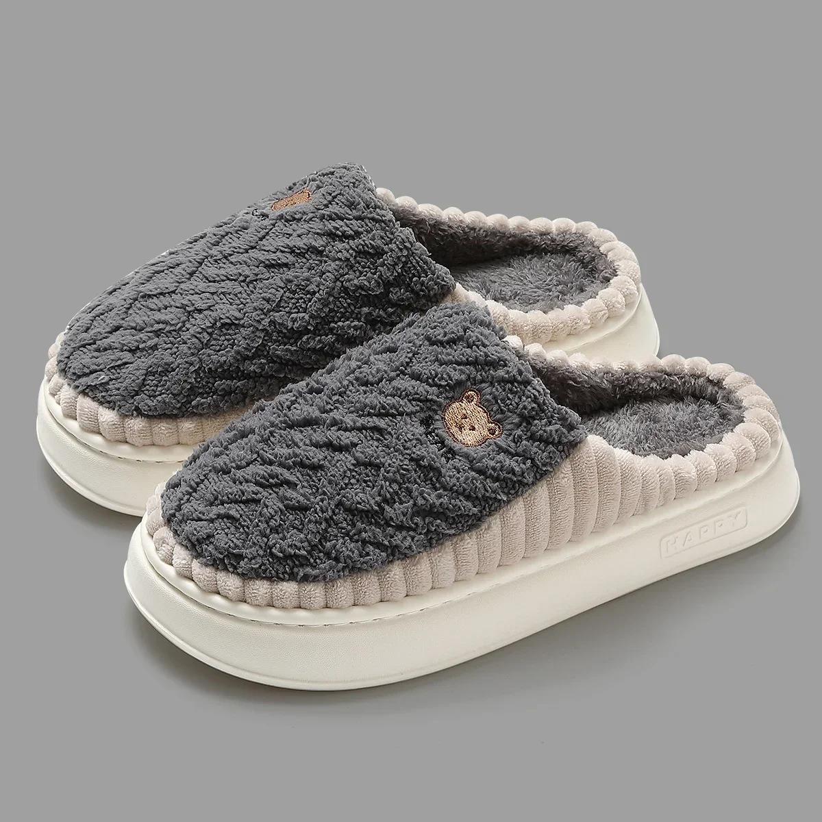 

Fashion New Women Warm Slippers Men Fluffy EVA Thick Sole Slides Winter Furry Shoes Couples Bedroom Home Anti-Slip Platform Plush Flats 36-37 темно серый