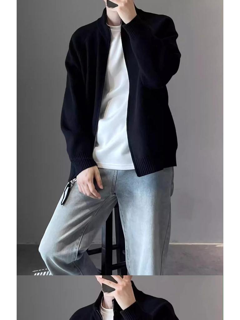 Men's Stand Collar Korean Style Double Zipper Knit Cardigan for Autumn/Winter