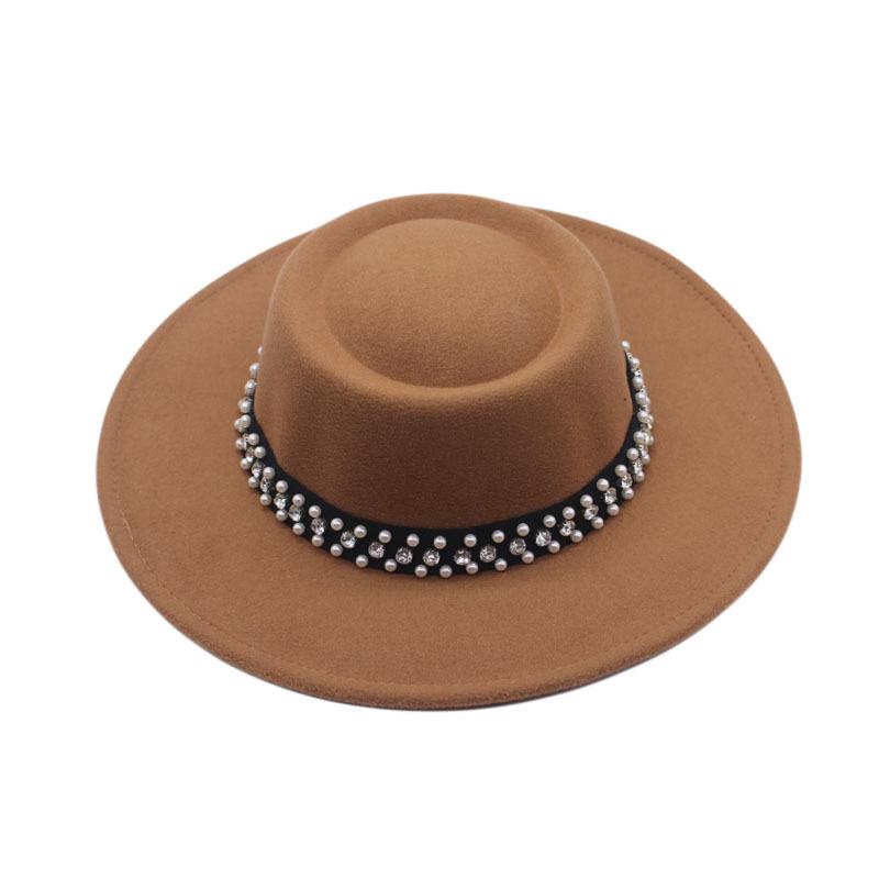 European and American New Autumn and Winter Wool Woolen Big-brimmed Jazz Hat Female Concave Top Black Top Hat Pearl Rhinestone Felt Hat