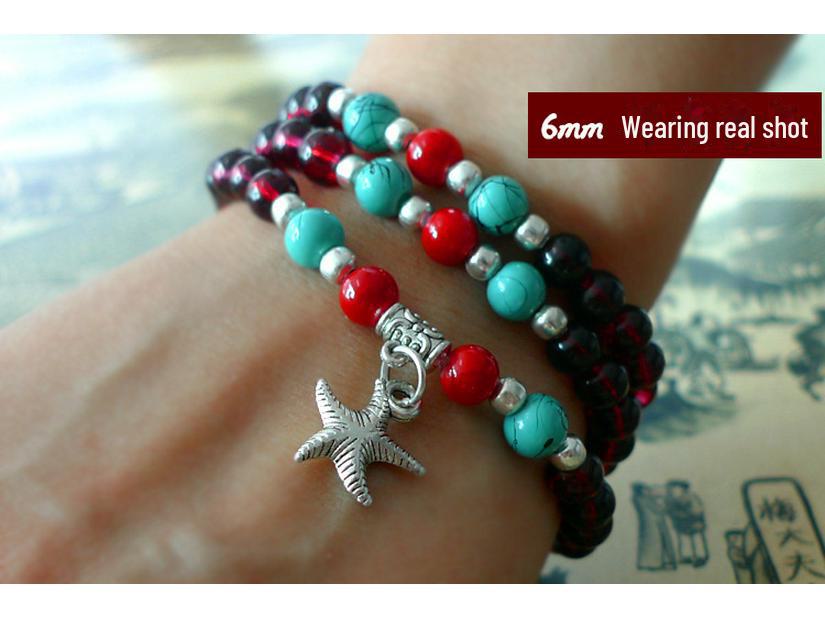 Korean Style Imitation Garnet Triple-Circle Bracelet - 6mm Multilayer Girlfriend's Jewelry