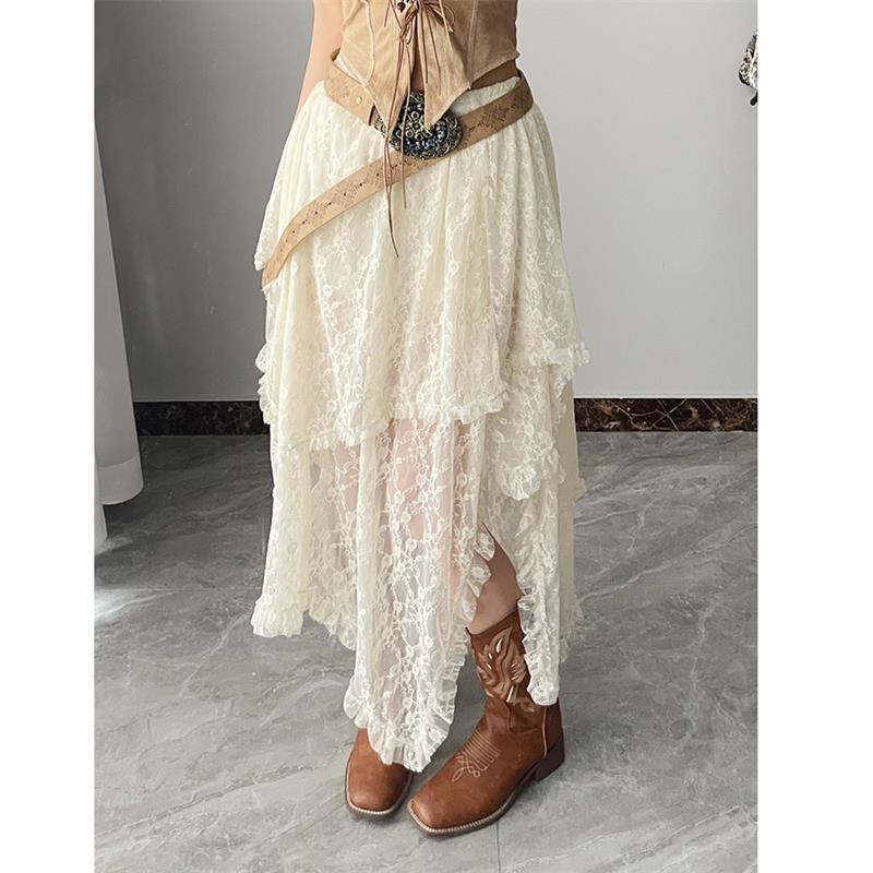 Lace Asymmetrical Skirt Fairycore Women Vintage Y2K Boho Aesthetic Fashion High Waist Mid Skirts Lady Holiday Outfits