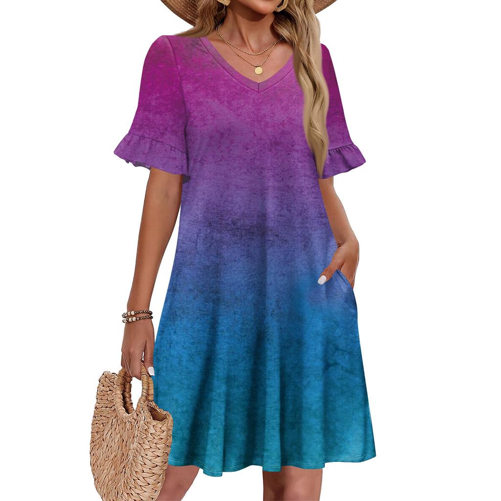 Women A Line Sun Dress Short Sleeve V Neck Printed Dress With Pockets