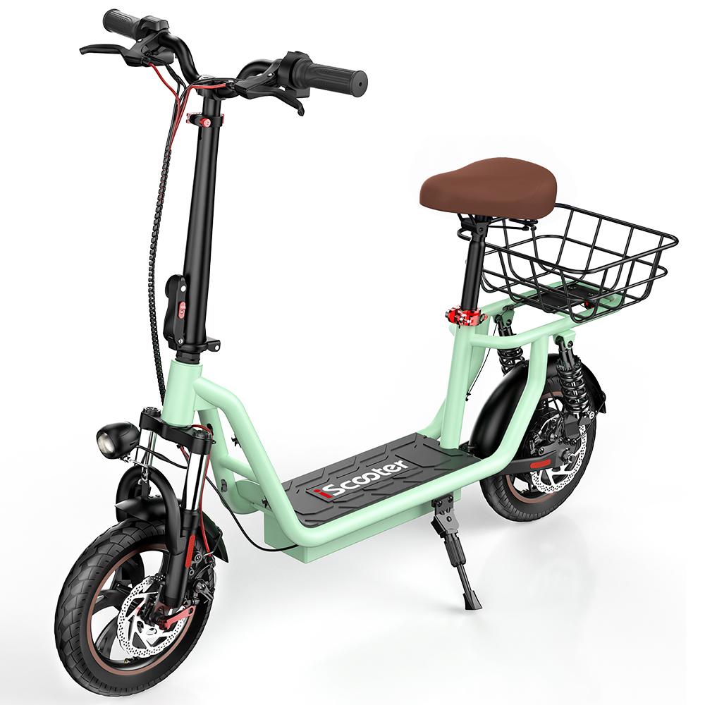 iScooter I12 12-inch Electric Scooter - 35km Range, 500W Motor, Dual Suspension System, Foldable + Seat, Convenient for commuting,Green