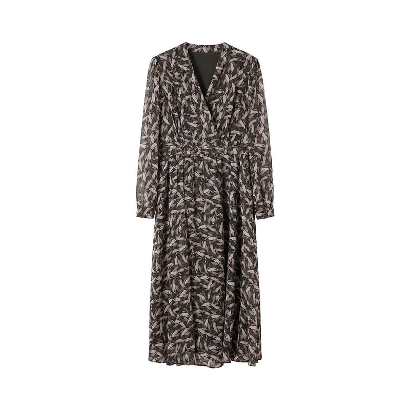 JUZUI Women's 2026 Spring Elegant Geometric Print Chiffon Cinch Waist Dress