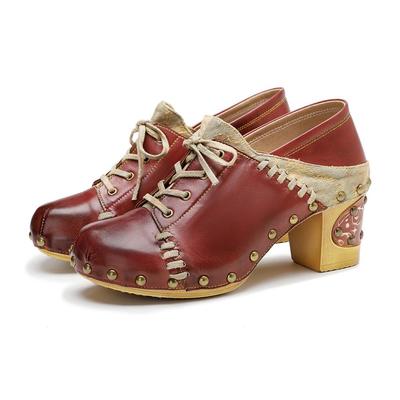 Echtes Leder Damen Retro-Pumps, modische Nieten, runde Zehen, dicker Absatz, bequeme High-Heels-Schuhe