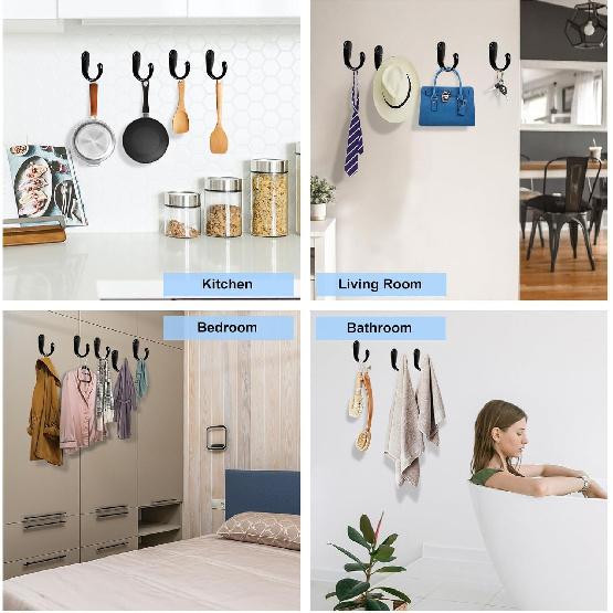 Kruodop 4 Pack Wall Hooks Wall Mounted Coat Hooks for Hanging Heavy Duty, Black Towel Hooks, Metal Single Coat Hanger with Screws Cup Retro for