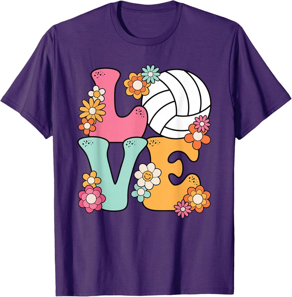 Volleyball Love Retro Flowers Graphic Tee Women Girls Casual Short Sleeve T-Shirt