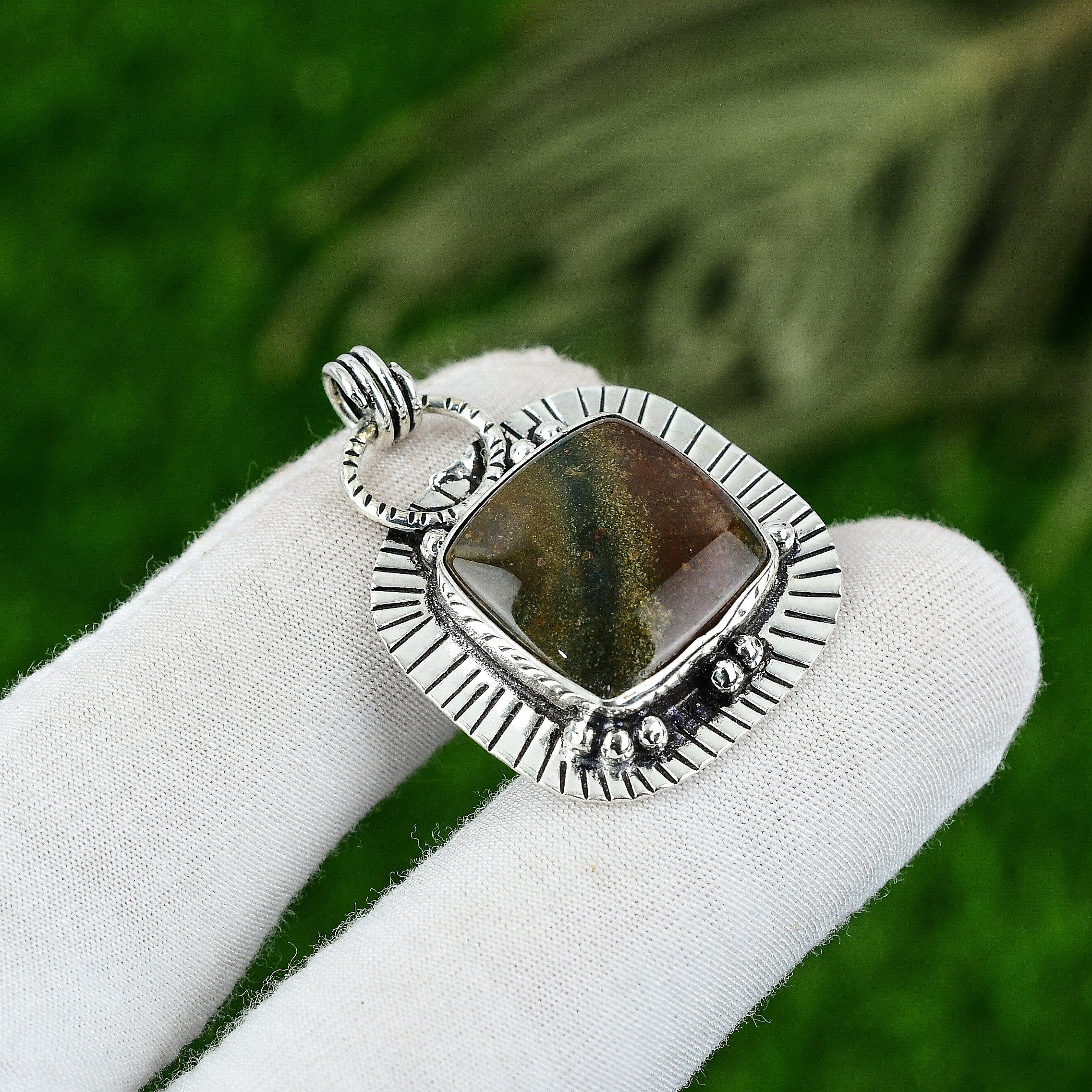 

925 Silver Cushion Bloodstone Gemstone Anniversary Art Deco Bezel Mother Pendant