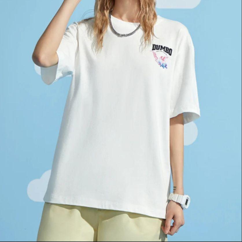 Li Ning X Disney Dumbo Series Cartoon Print Loose Round Neck Short Sleeve T-Shirt Women Tops Off-White AHSRA70-1
