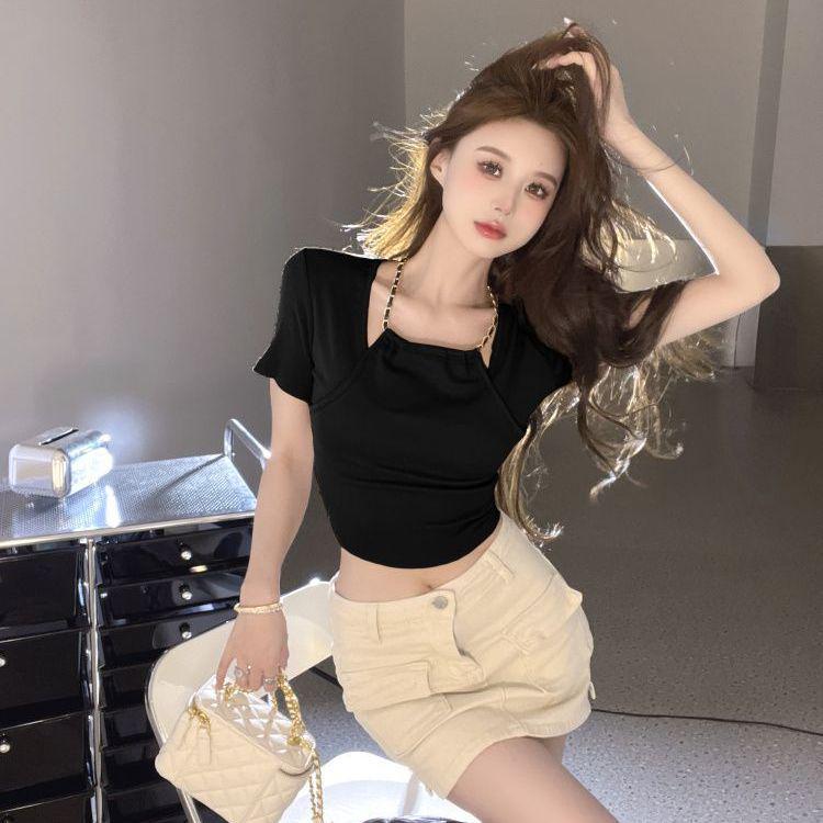 

Шикарный облегающий топ-халтер: Уникальный иллюзион из двух частей, с короткими рукавами, летний стиль для женщин Large чёрный