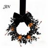 Black Branch Wreath Halloween for Front Door, 9 Inch Pumpkin with Party Decor Velvet Bow Home Porch Holiday Window Wall Fireplace