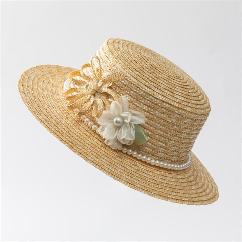 French retro temperament pearl handmade flower flat top gift hat women's summer seaside beach vacation sunshade sunscreen straw hat