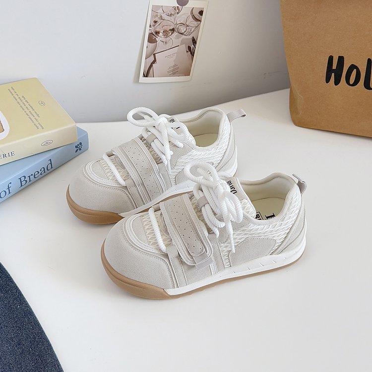 

Leather casual sports board shoes mountaineering single mesh breathable mesh Forrest Gump training thick-soled big head ugly cute little white shoe 35 бежевый