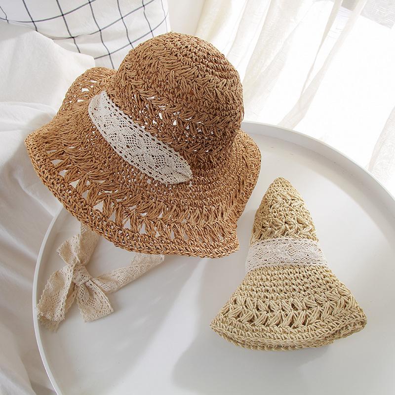 Style Hat Versatile Straw Woven Lace Strap Foldable Womens Sunshade Hatscaps