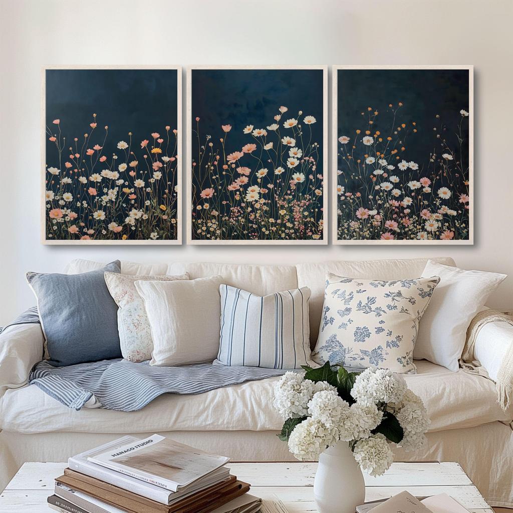 Dark Wildflowers Print Set of 3 Botanical Landscape Navy Blue Wall Art Wildflower Field Printable Modern Farmhouse Wall Decor