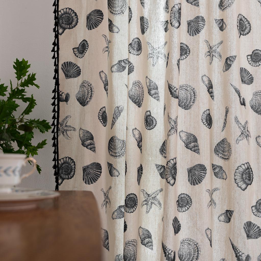 Curtain Finished American Printed Conch Semi-Blackout Kitchen Small Window Short Curtain Black Fringed Small Curtain
