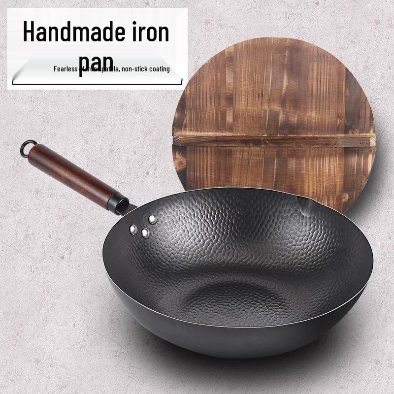 32CM Traditional Hand-Forged Non-Stick Iron Wok with Wood Lid