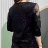Women Summer Spring Autumn Blouses Shirts Lady Fashion Half Sleeve V-Neck Collar Sequins Lace Embroidery Tops