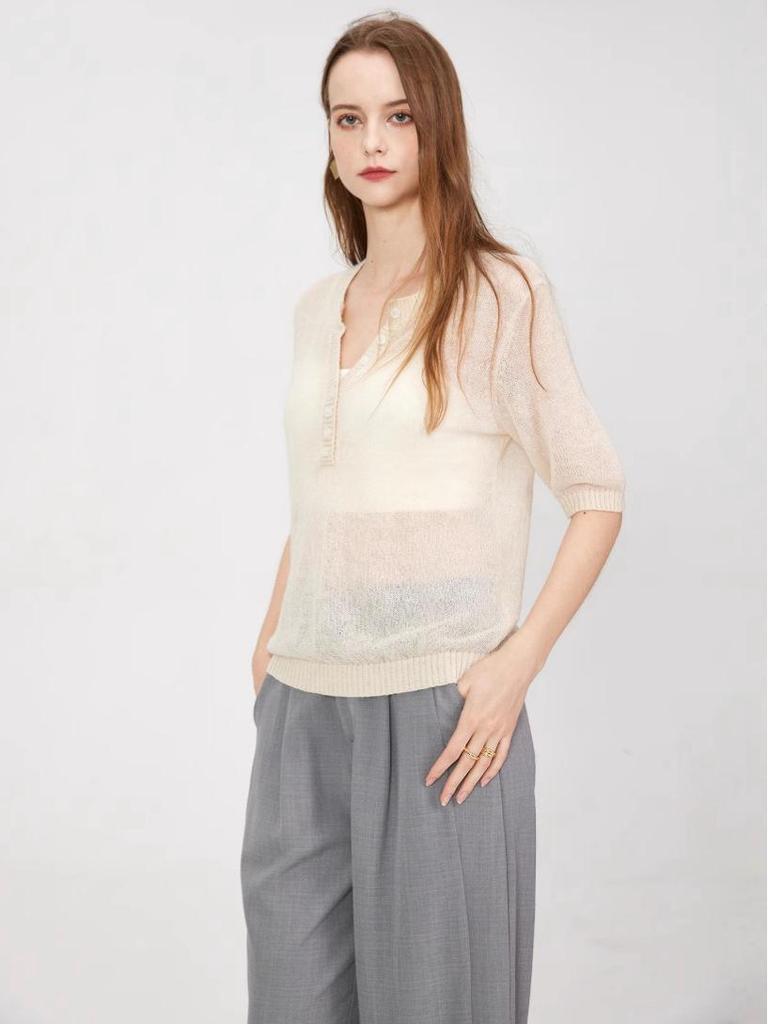 High-End Wolle V-Ausschnitt Semi-Transparent Geknöpft Fünf-Ärmel Gestricktes Freizeit-Top
